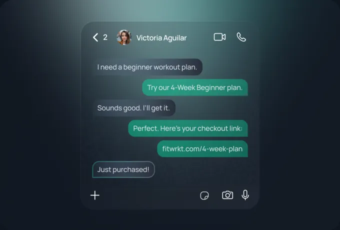A chat where the AI agent recommends a plan, sends a checkout link, and the customer buys it
