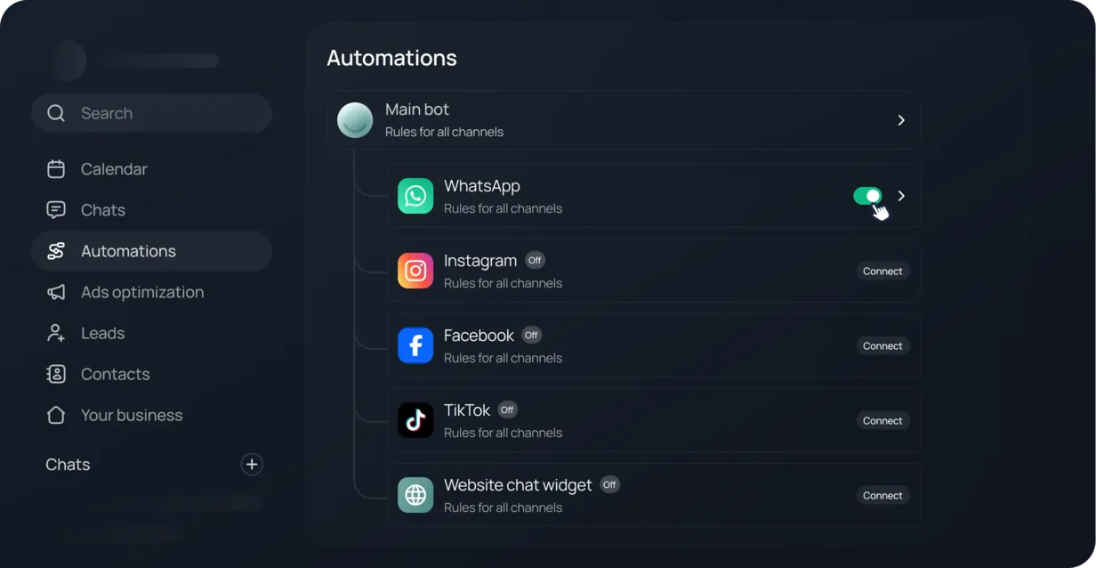 Chatfuel dashboard: main bot automation rules for WhatsApp, Instagram, Facebook, TikTok, and the website chat widget
